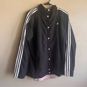 Adidas Windbreaker Jacket Vintage Black 3-Stripe Snap Front Pink Lining Size XL